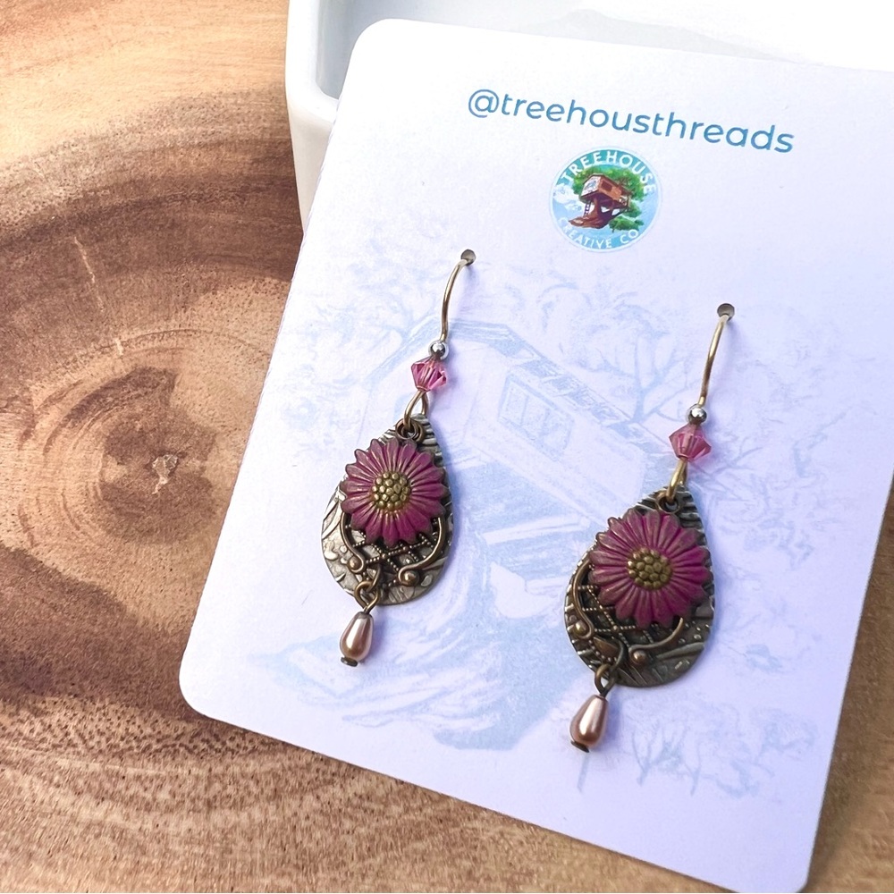 Pink and Gold Floral Dangle Drop Earrings